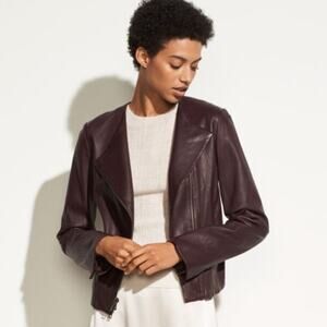 Vince Cross Front Leather Moto Jacket in Black Cherry Burgundy Red Small NWOT